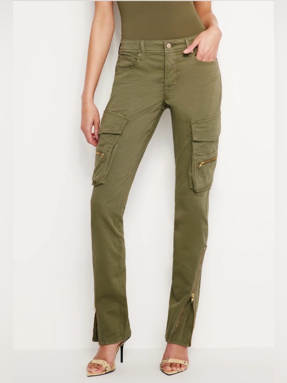 Good American Twill Skinny Cargo Olive Sz 4/27 NWOT Gold Ankle Zip - Picture 11 of 13